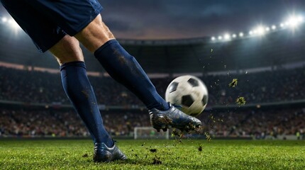 Fototapeta premium Football: Dynamic Football Kick in Stadium with Motion Blur