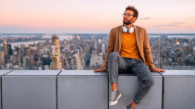 Male wearing glasses and headphones sits on a rooftop ledge overlooking a city skyline at sunset, with skyscrapers and a colorful sky in the background