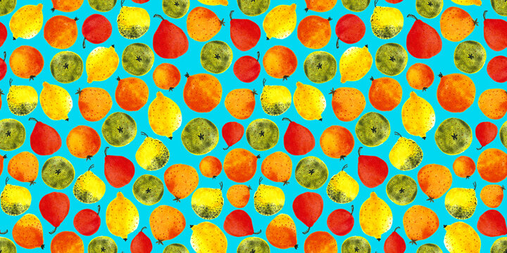 seamless pattern of watercolor citrus fruits on blue background. Fruit hand painted illustration. Lemons, oranges, lime and tangerine