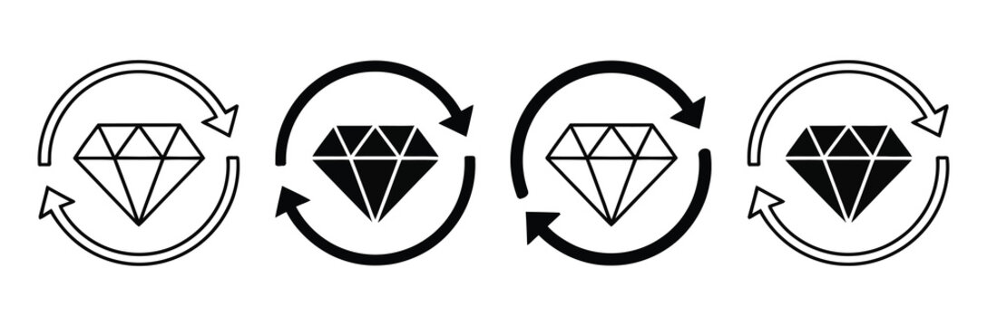 Customer lifetime value icon, black and white diamond symbol with circular arrows, vector design illustration for business metrics, marketing strategy, and analytics dashboards.