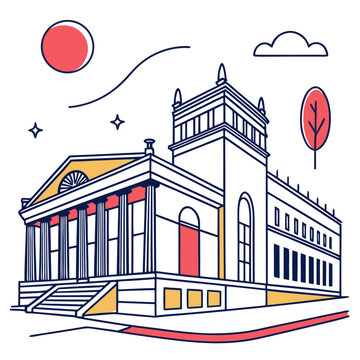 Neoclassical public building illustration featuring grand columns and geometric ornaments representing university or library architectural design art.