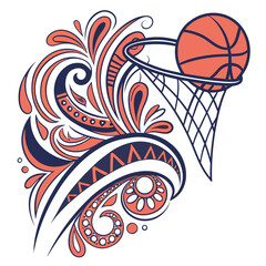 Dynamic basketball vector art showing ball entering hoop surrounded by energetic abstract swirl patterns and ornamental splash shapes in orange. © Md.Belal