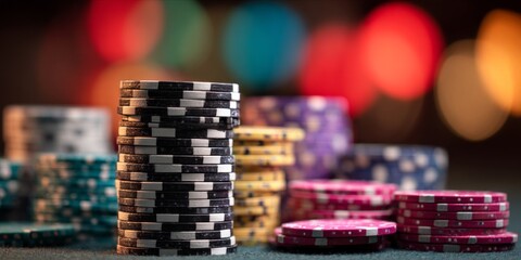 Fototapeta premium Casino Chips Stacked: A Colorful Game of Chance & Bokeh Lights Backdrop