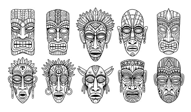 Ethnic tribal masks vector set Tiki voodoo Zulu Polynesian ceremonial idol illustration