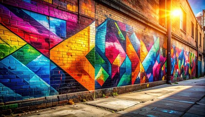 Naklejka premium Vibrant Geometric Graffiti Mural Adorns Textured Brick Wall in Urban Alleyway