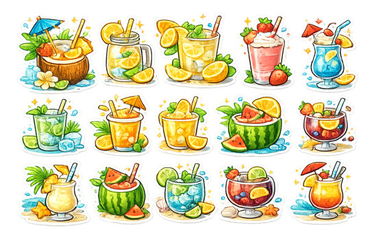 summer drink stickers, sticker collection, tropical drinks, cute beverage stickers, summer refreshment, colorful stickers, cocktail stickers, iced drink illustration, fruit drink stickers, kawaii drin