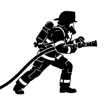 Silhouette of a firefighter holding a water hose black & white illustration