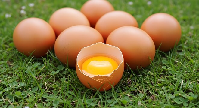 Kelompok telur cokelat di atas rumput hijau dengan satu telur pecah memperlihatkan kuning telur
