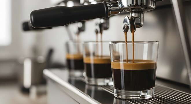 Mesin pembuat kopi menuangkan espresso panas ke dalam gelas kaca di kafe