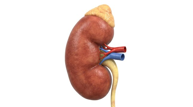 Realistic human kidney with adrenal gland and blood vessels on white background for medical education Generative Ai