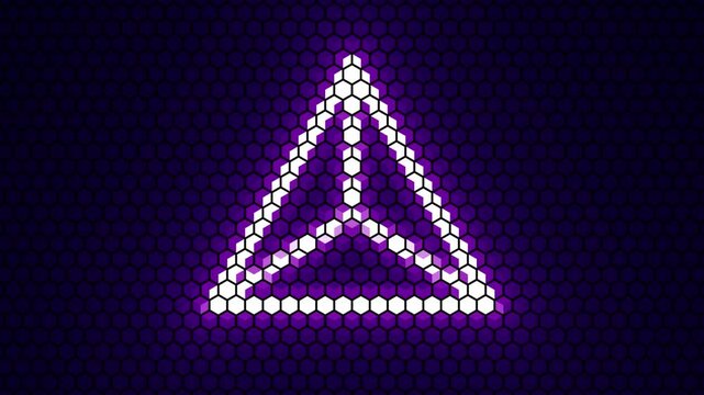 Rotating purple neon pyramid on honeycomb background