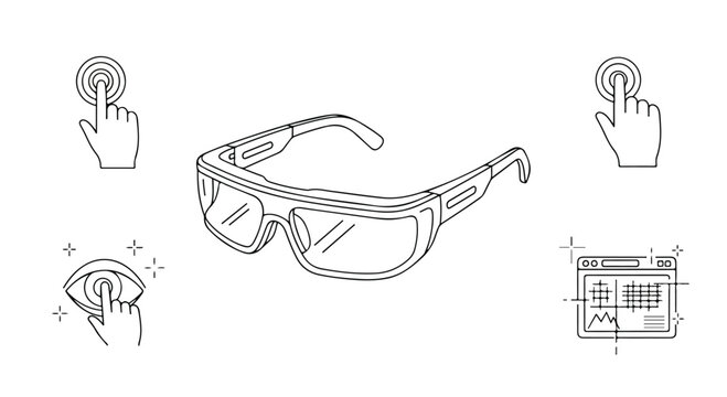 Smart glasses vector set with augmented reality icons, wearable technology line art, virtual reality headset and digital interface elements