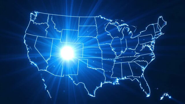 Animated video of a neon style United States map with glowing state outlines and a highlighted central data point. Ideal for technology, analytics, logistics, and network concepts.