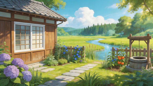 Rustic house garden with stream