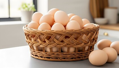 Plakat Keranjang anyaman berisi penuh telur ayam di atas meja dapur yang bersih