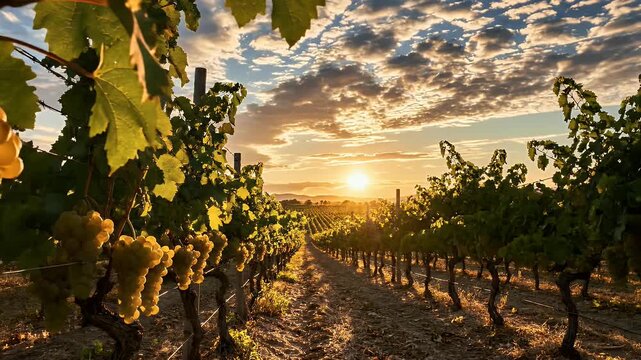 A close-up view of ripe grapes hanging from a vine in a vineyard bathed in the warm glow of a setting sun, showcasing the beauty of viticulture.