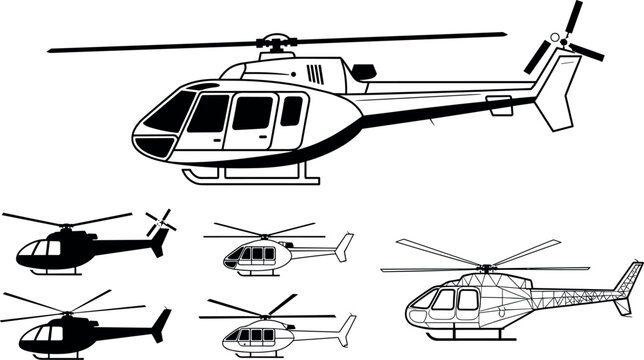 Helicopter silhouettes collection featuring different rotor aircraft models in side view isolated black vector illustration set on white backgroundHelicopter silhouettes collection featuring different