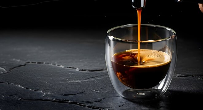 Kopi espresso panas dituang ke dalam gelas kaca dinding ganda di atas meja batu hitam