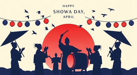 Showa Day celebration banner with Japanese silhouettes, traditional festival drum performance, red sun background with lanterns and birds