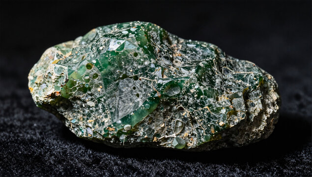 Side Profile of Sculpted Moldavite Tektite on Black Silk