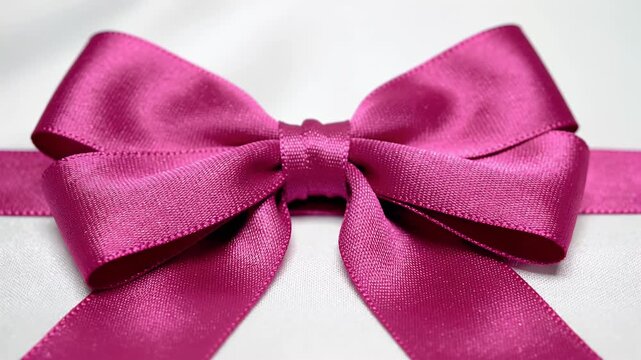 A close-up shot showcases a vibrant magenta ribbon elegantly tied into a bow against a soft white background, highlighting its texture and intricate design.