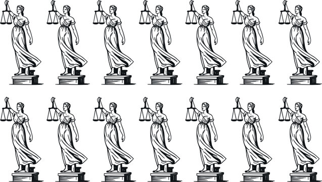 Lady Justice Statue Collection with Scales of Law Symbol Blindfolded Legal Figure Detailed Engraving Style Vector Illustration Set