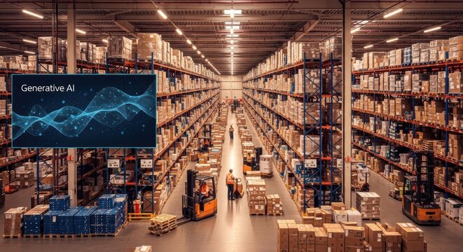 Warehouse management system using generative AI technology for efficient inventory control and logistics operations in a modern distribution center