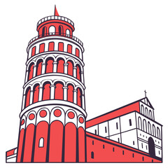 Obraz premium Professional vector illustration of leaning tower of pisa and cathedral building in flat style for travel brochures and european landmark education.
