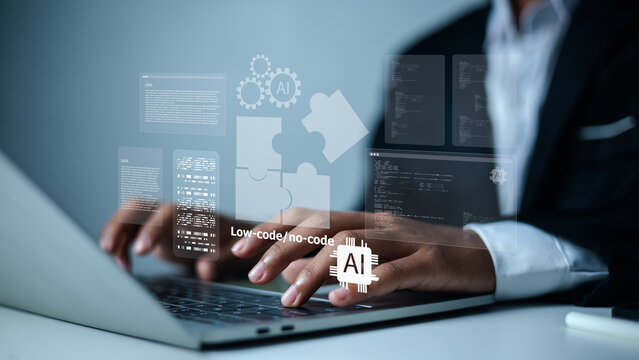 Low-code no-code platform with ai assistance for business.Artificial intelligence software development on laptop.Professional developer using ai tools for faster coding.