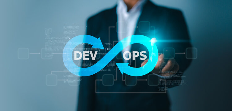 Devops methodology for software development and it operations.Agile software development lifecycle and automation process.Digital transformation with devops integration and cloud technology.