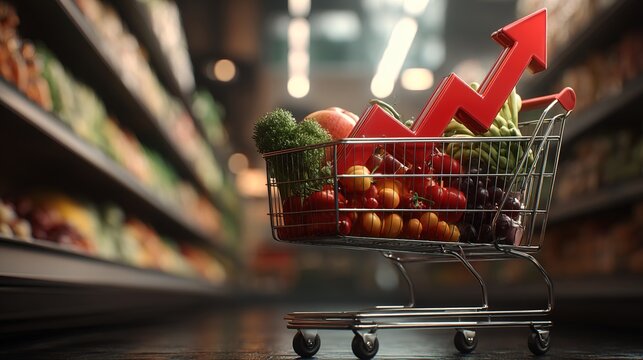 Shopping cart full of vegetables with a rising red inflation arrow