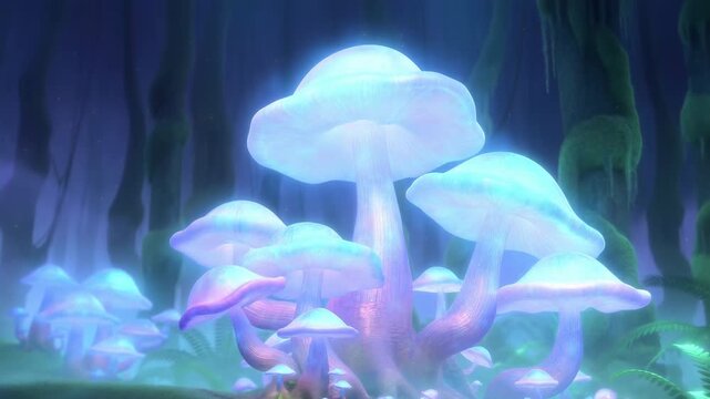 Mystic Glowing Fungi. Ethereal Glowing Fungi In Enchanted Woods With Pastel Hues And Shimmering Spores