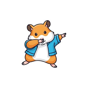A cartoon hamster in a blue jacket performing a 'dab' gesture with a white background. This illustration is whimsical and cute