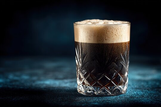 Glass of dark stout or porter beer with foam on rustic stone background