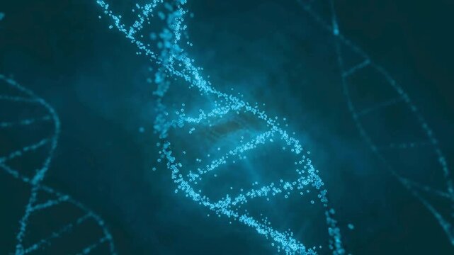 A vibrant abstract depiction of a dna double helix structure illuminated with bright glowing particles against a dark teal backdrop