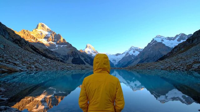 Man in yellow jacket by lake.