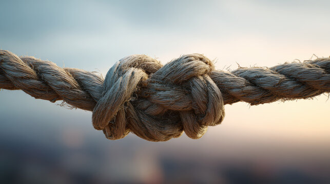 Thick rope with tight knot showing strong connection and strength. Secure tie giving feeling of confidence and hope against any tension