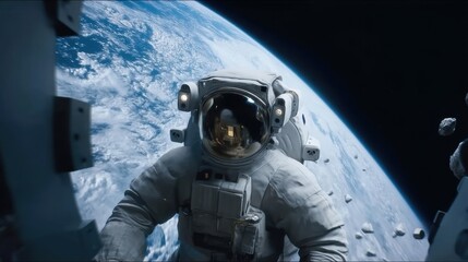 Fototapeta premium Astronaut in Space Surrounded by Earth and Asteroids in a Stunning Cosmic Scene