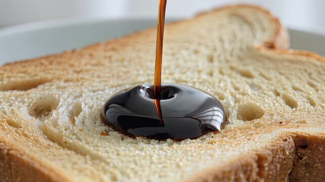 Close-up of thick dark syrup pouring onto a slice of toasted bread
