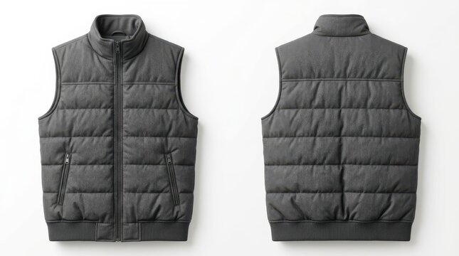 The front and back view of a sleeveless puffy vest on a plain background