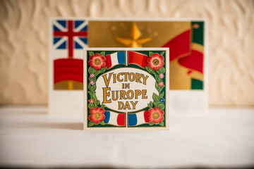 Banner postcard poster celebration Victory in Europe Day May 8 liberation World War II AI Generative