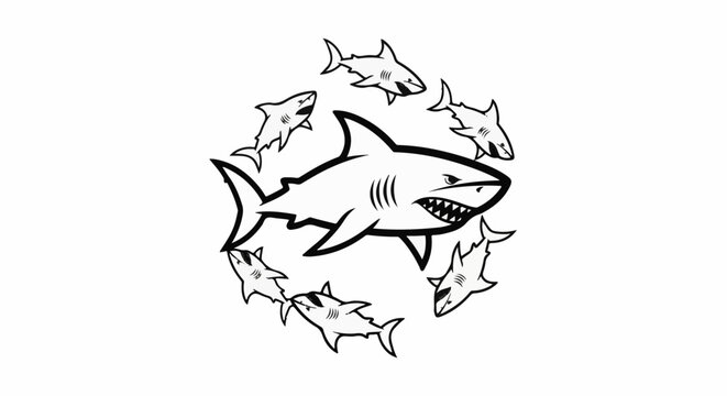A central shark is surrounded by smaller sharks in a circular arrangement