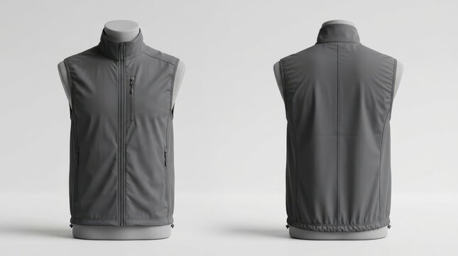 Two gray vests displayed on mannequins from front and back views