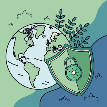 Global internet security concept with planet earth and shield featuring a padlock, surrounded by natural elements.