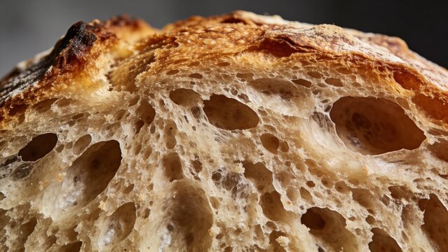 macro closeup toasted bread texture crispy crust baked loaf slice detail golden brown surface food background bakery pattern crunchy crumb porous structure warm meal breakfast rustic cuisine grain whe