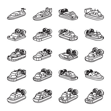 Diverse Hovercraft Designs in a Clean Line Art Collection for Transportation Concepts