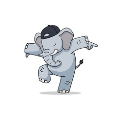 Fototapeta premium A cartoon elephant wearing a cap is shown in a dynamic pose. It's balancing on one foot, arms outstretched, and making a gesture