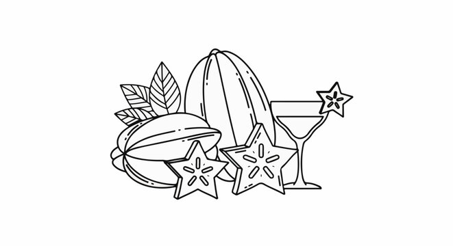 A stylized line drawing of star fruit and a martini glass with star fruit garnish
