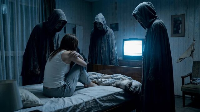 Young Woman Sitting on a Bed Surrounded by Three Hooded Ghostly Figures