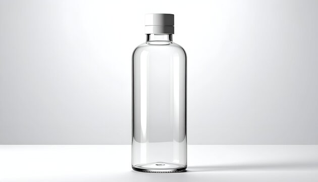 A tall, transparent bottle with a white cap, standing on a white surface against a white background, lit from the top